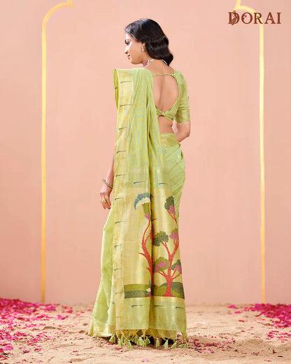 Mint Breeze – Pista Green Muga Cotton Saree with Paithani Artistry