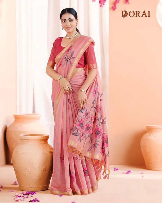 Rose Petal – Pink Muga Cotton Saree with Floral Charm