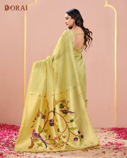 Dhakai Jamdani Light Pistachio Green Muga Tissue Cotton Saree – Woven Paisley Pallu