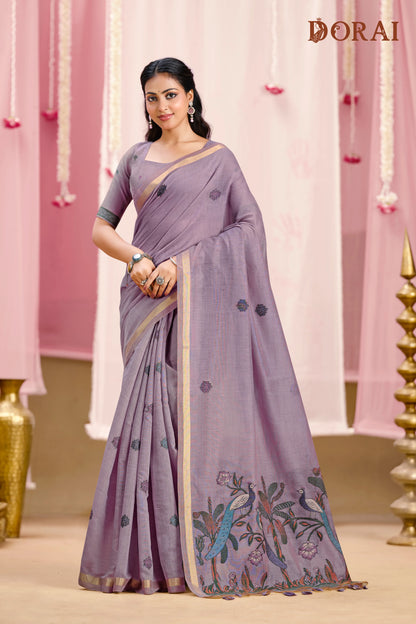 Blush Radiance – Rose Muga Cotton Saree with Peacock Artistry