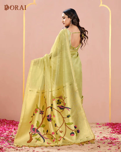 Mint Shimmer – Pista Green Muga Tissue Cotton Saree with Nature Artistry