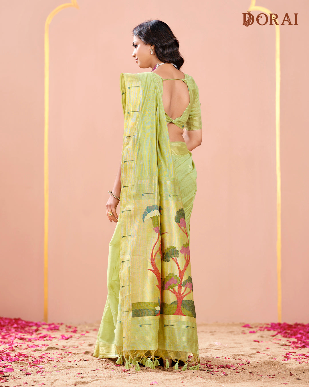 Paithani Pistachio Green Linen-Cotton Zari Jamdani Saree | Bird Motif Pallu