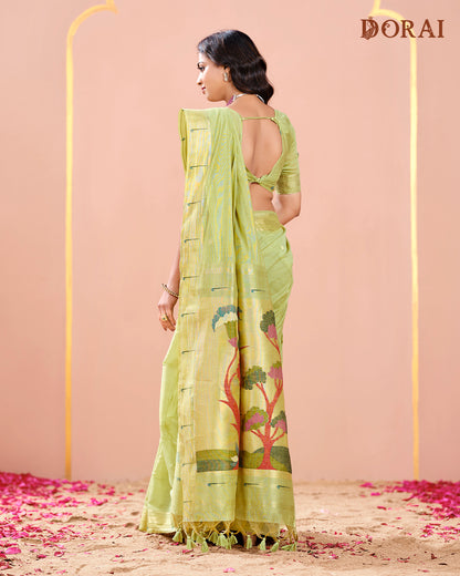 Paithani Pistachio Green Linen-Cotton Zari Jamdani Saree | Bird Motif Pallu