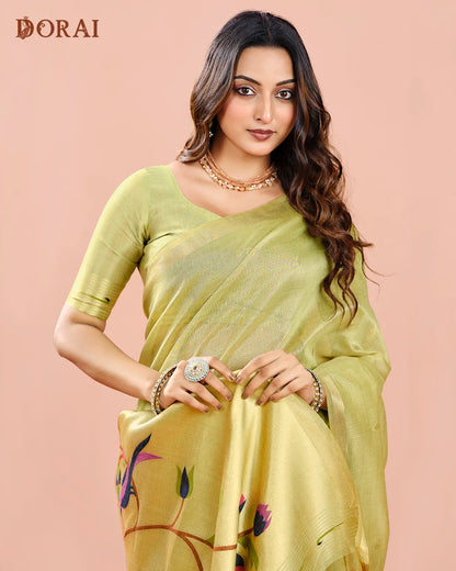 Mint Shimmer – Pista Green Muga Tissue Cotton Saree with Nature Artistry