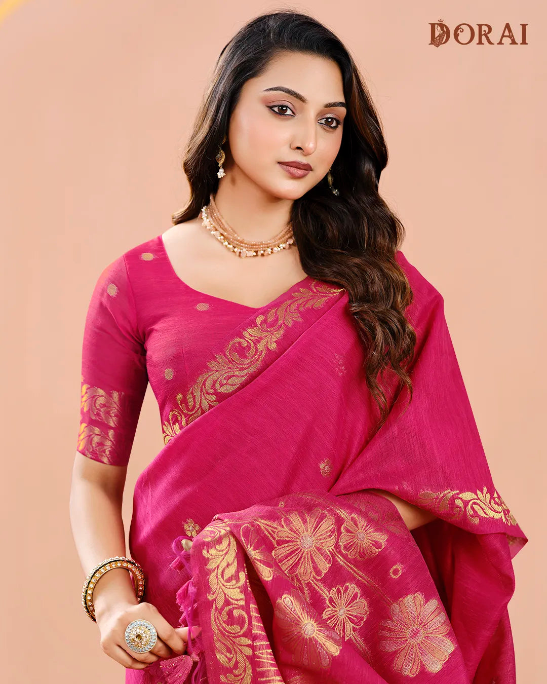 Ruby Radiance – Dark Pink Jute Linen Saree with Floral Grace