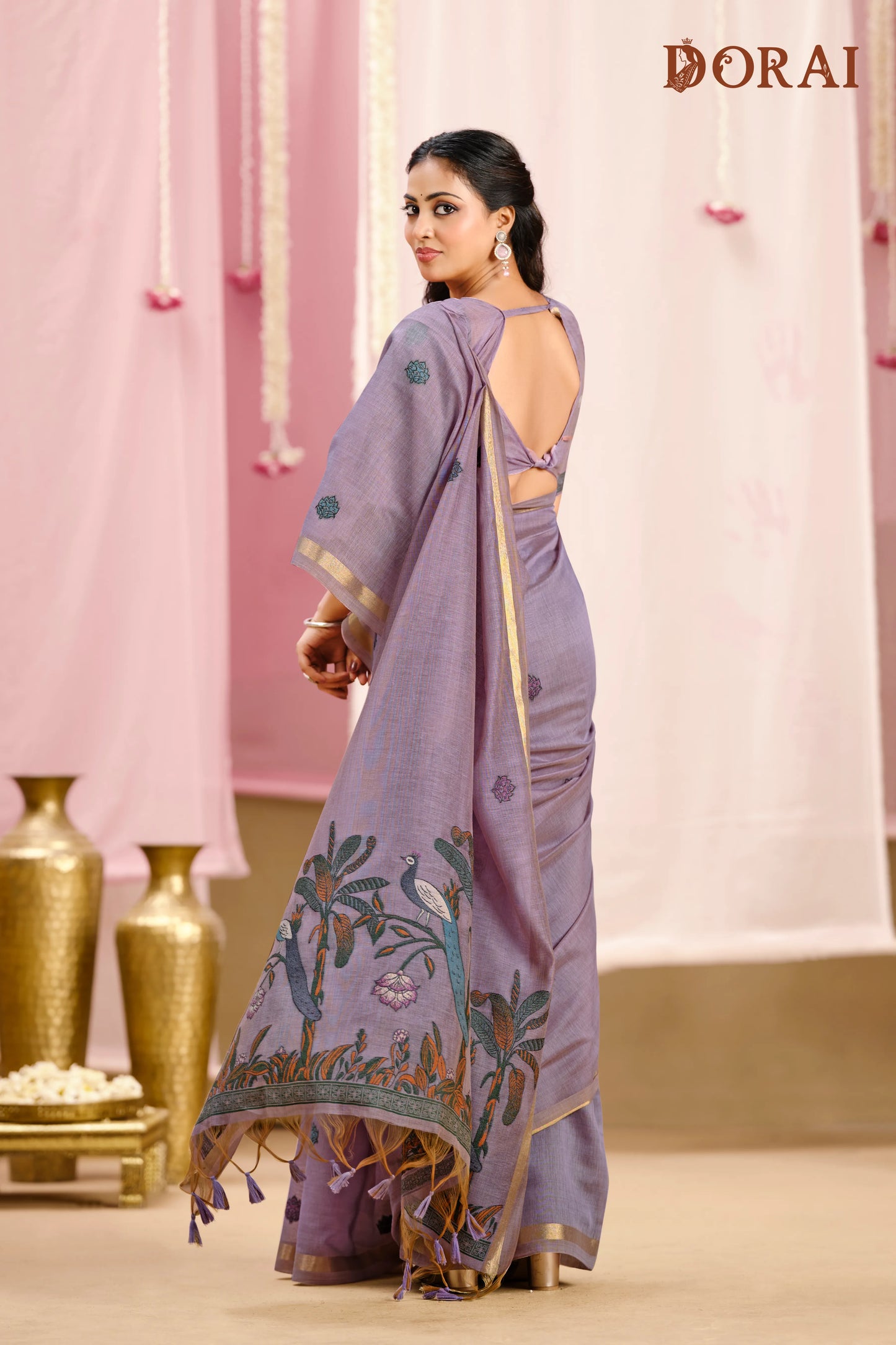 Lavender Grace – Light Violet Muga Cotton Saree with Peacock Artistry