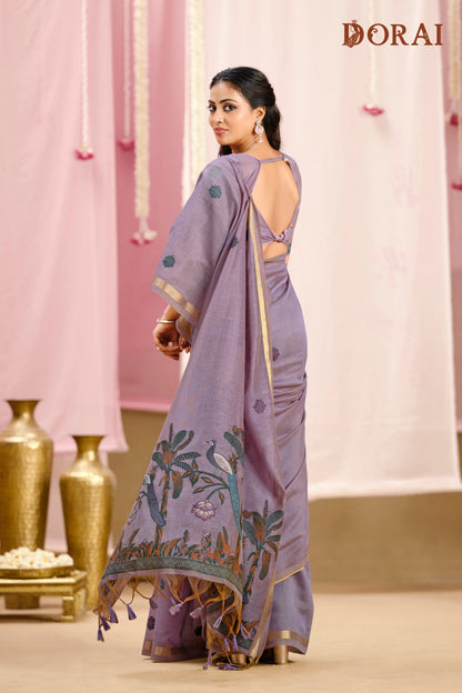 Lavender Grace – Light Violet Muga Cotton Saree with Peacock Artistry