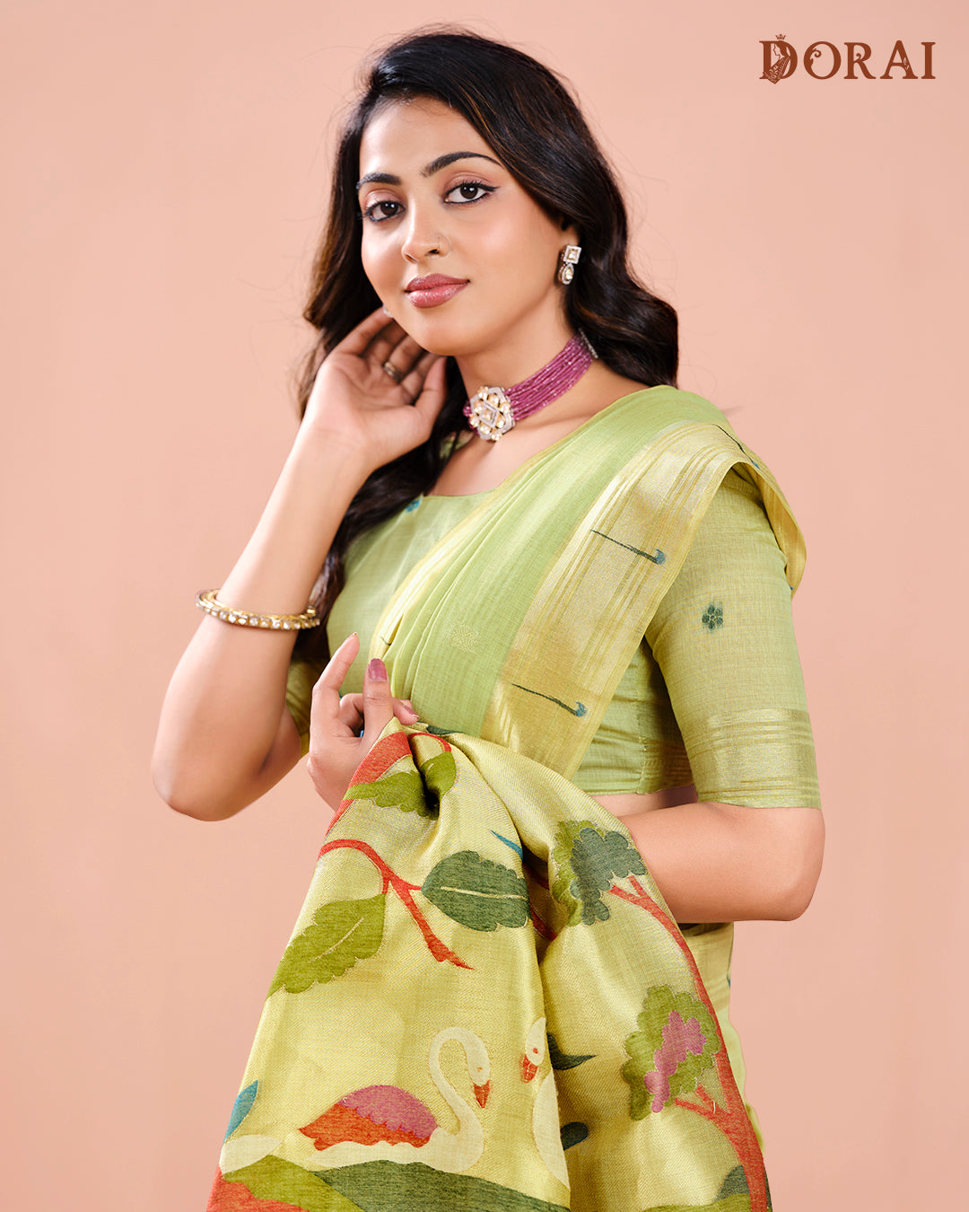Paithani Pistachio Green Linen-Cotton Zari Jamdani Saree | Bird Motif Pallu
