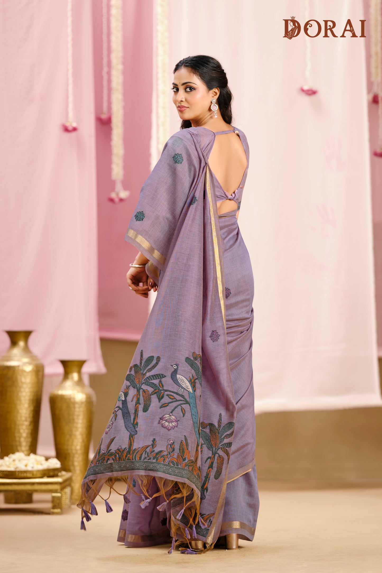 Olive Green Jamdani Muga-cotton Saree | Handwoven Peacock Motifs