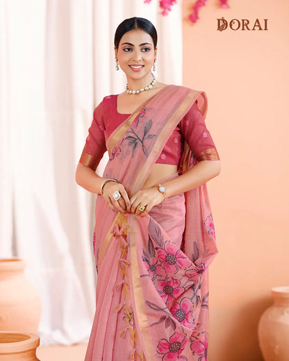 Rose Petal – Pink Muga Cotton Saree with Floral Charm
