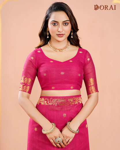 Solid Pink Zari Jamdani Saree | Handloom Jute Linen-Cotton Weave