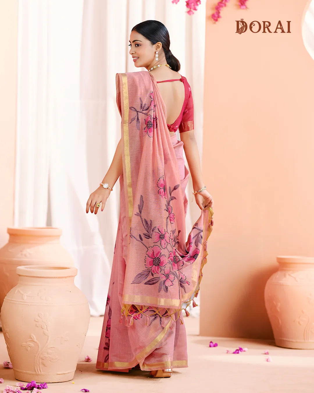 Rose Petal – Pink Muga Cotton Saree with Floral Charm