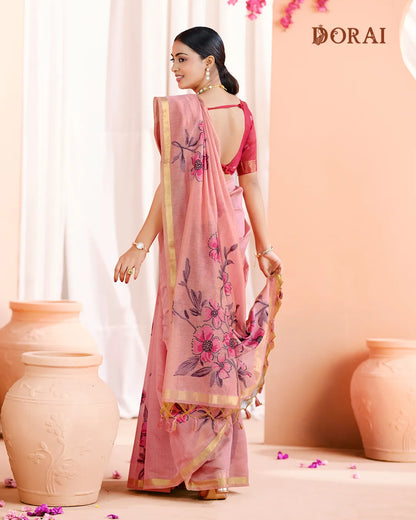 Rose Petal – Pink Muga Cotton Saree with Floral Charm