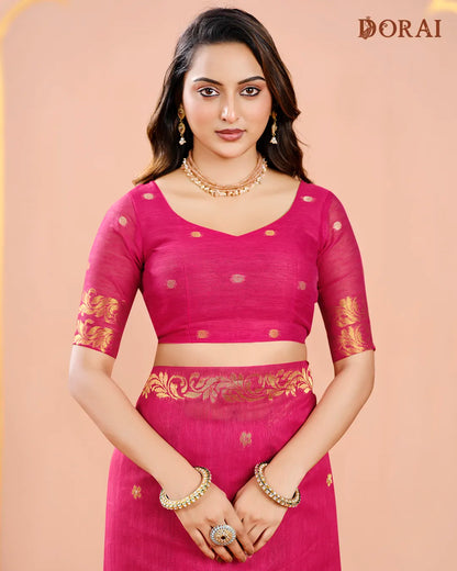 Ruby Radiance – Dark Pink Jute Linen Saree with Floral Grace