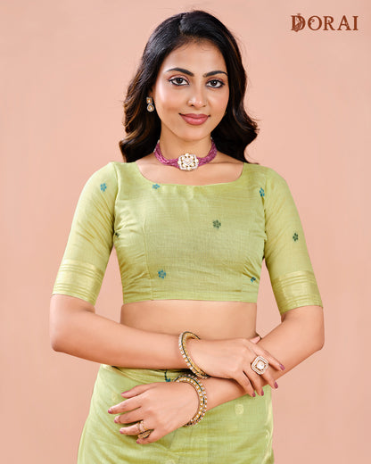 Paithani Pistachio Green Linen-Cotton Zari Jamdani Saree | Bird Motif Pallu