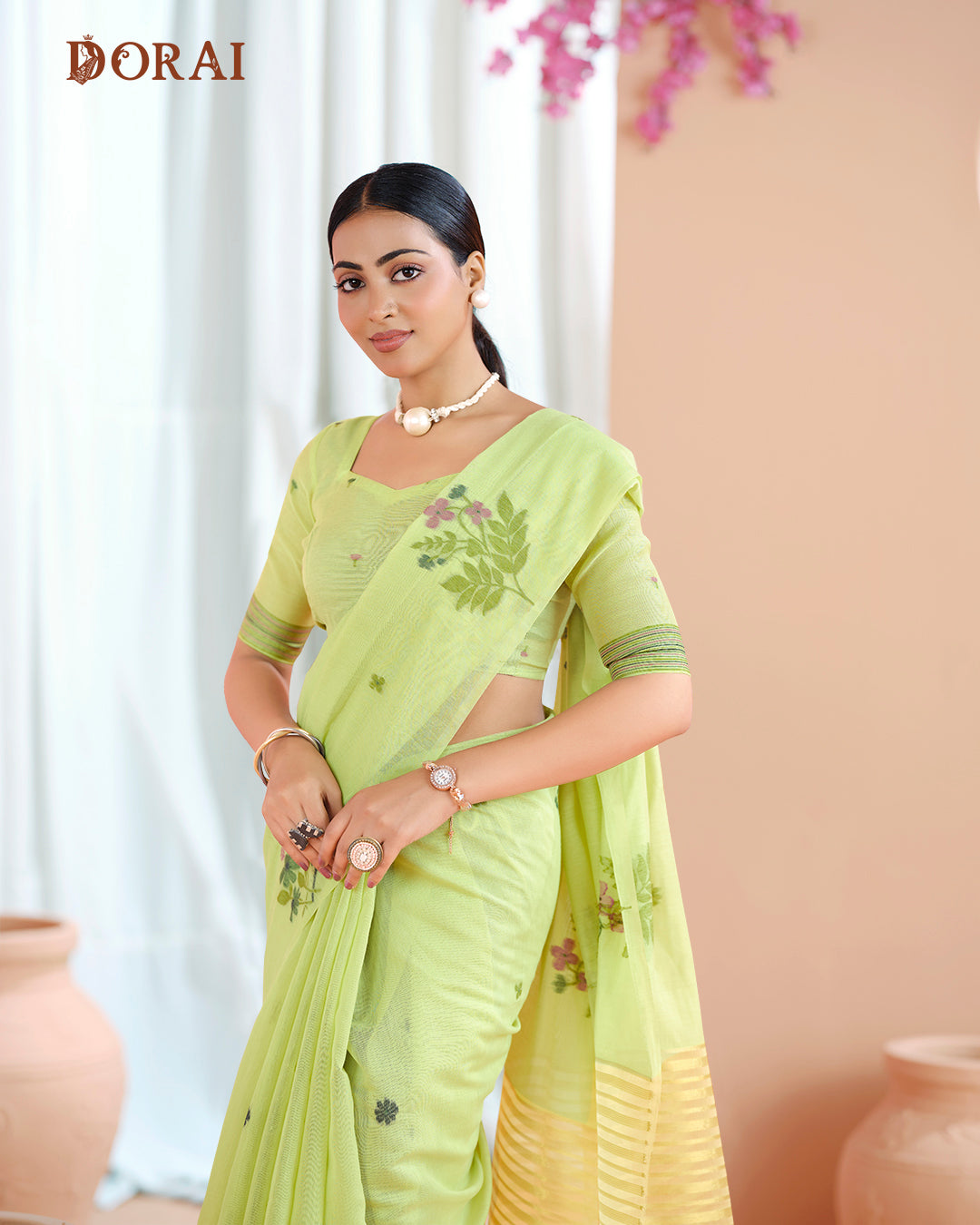 Lime Green Muga Cotton Saree | Printed Floral with Woven Oragana Pallu