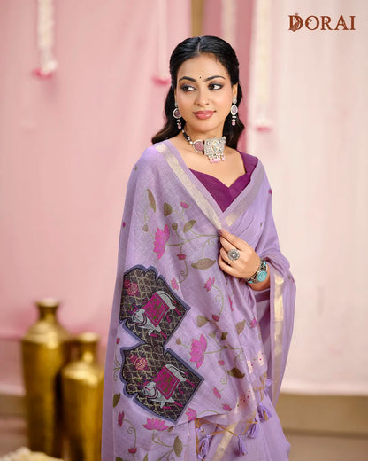 Lilac Grace – Lavender Muga Cotton Saree with Pichwai Artistry