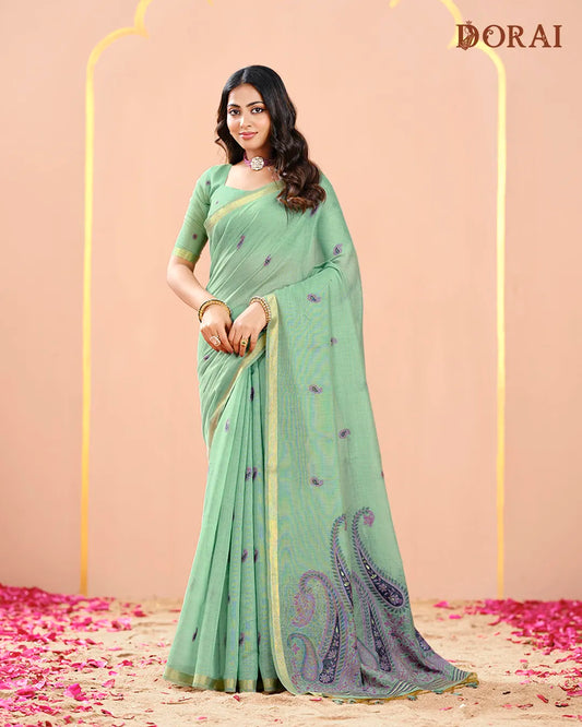Azure Heritage – Sky Blue Muga Cotton Saree with Mango Motifs