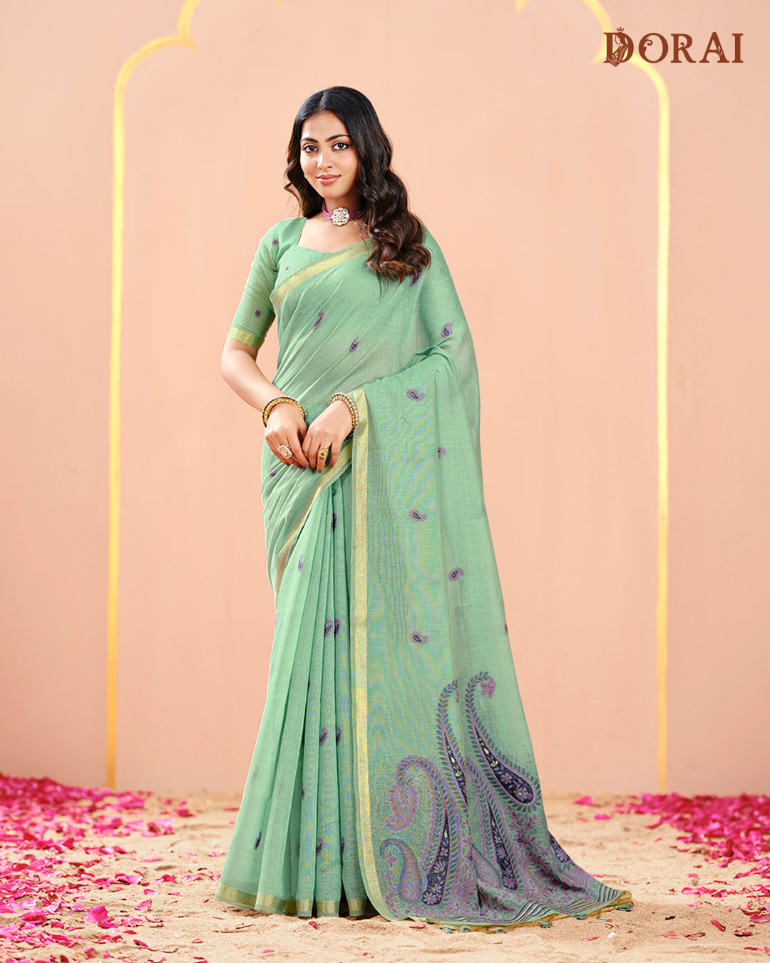 Fresh Mint Green Jamdani Muga-Cotton Saree | Woven Paisley