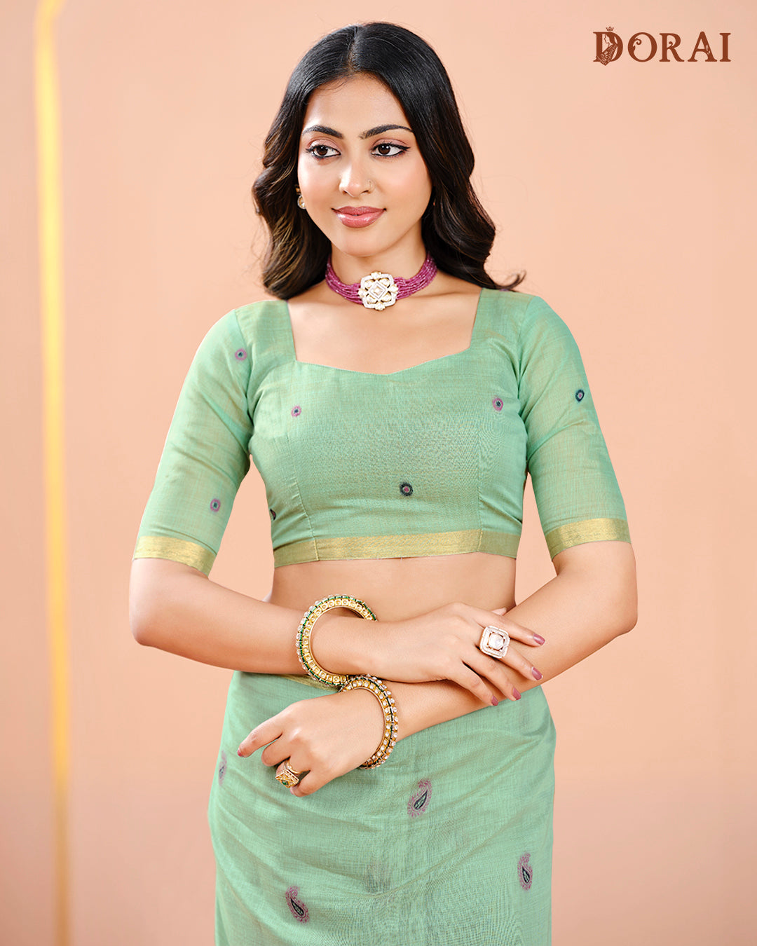 Fresh Mint Green Jamdani Muga-Cotton Saree | Woven Paisley