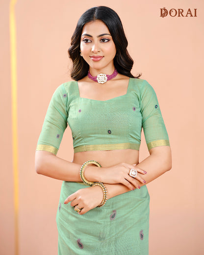 Fresh Mint Green Jamdani Muga-Cotton Saree | Woven Paisley