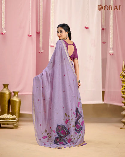 Lilac Grace – Lavender Muga Cotton Saree with Pichwai Artistry