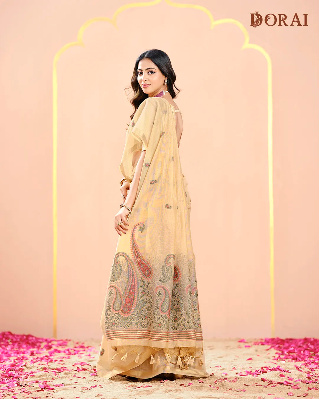 Golden Sand – Chikoo Muga Cotton Saree with Traditional Artistry