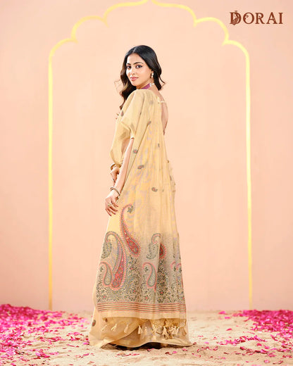 Golden Sand – Chikoo Muga Cotton Saree with Traditional Artistry