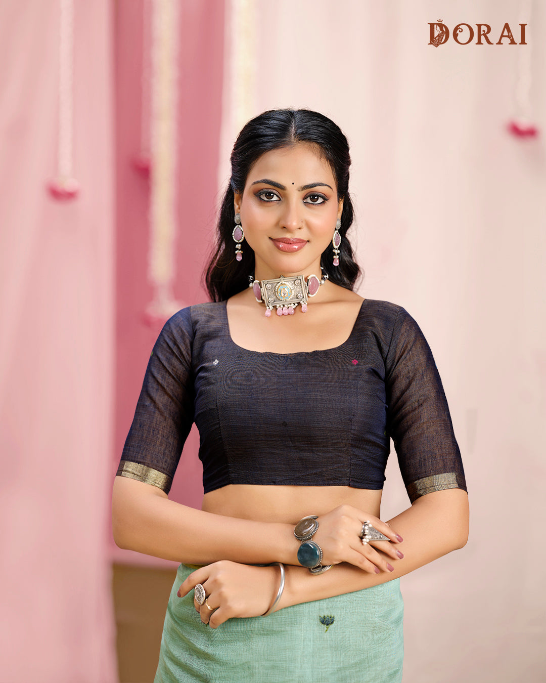 Pastel Green  Rangkat Muga-Cotton Saree | Ethnic Motifs with Contrast Blouse