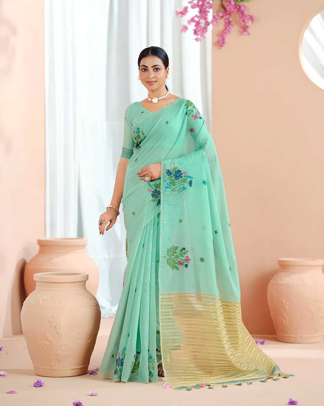 Mint Fresh – Pista Green Muga Cotton Saree with Floral Glow