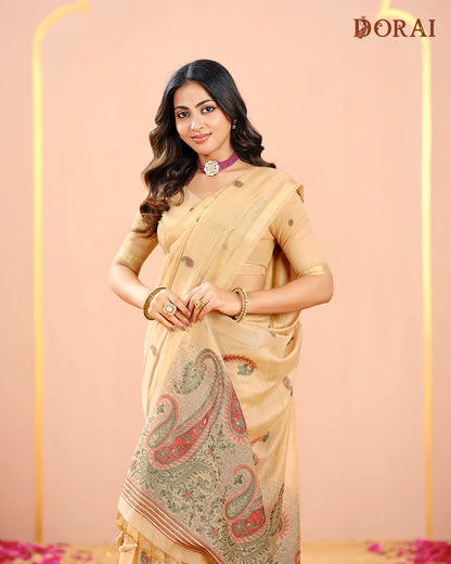 Golden Sand – Chikoo Muga Cotton Saree with Traditional Artistry