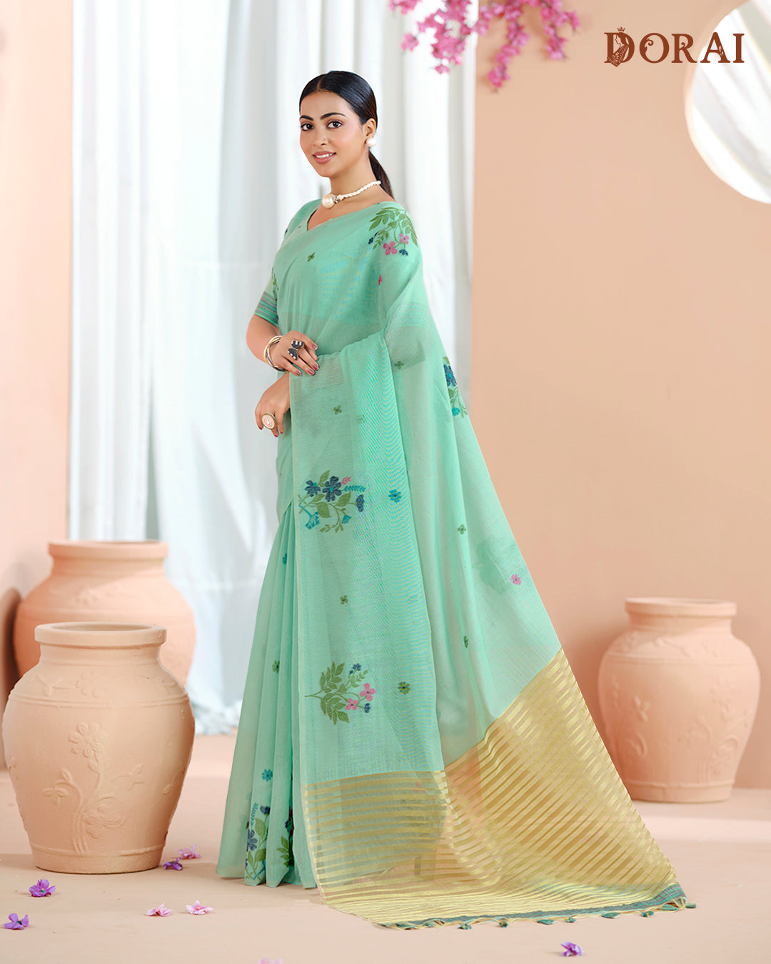 Mint Green Muga Cotton Jamdani Saree – Woven Floral Pattern and Oragana Pallu