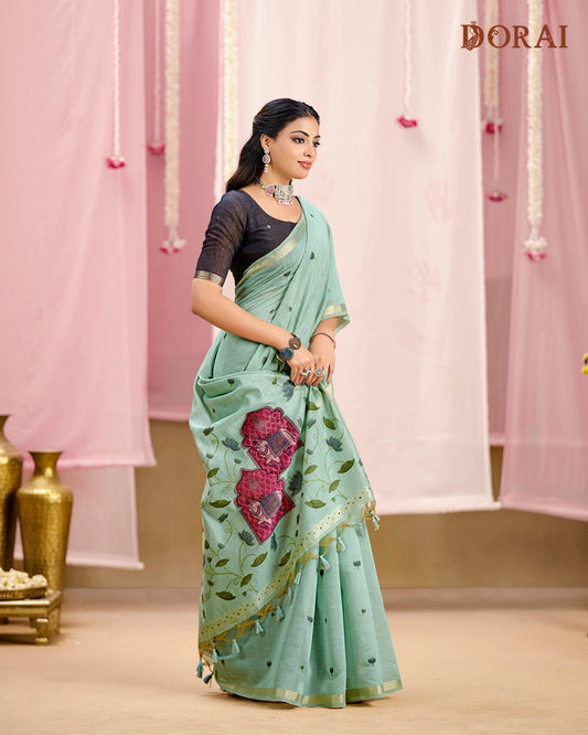 Pastel Green  Rangkat Muga-Cotton Saree | Ethnic Motifs with Contrast Blouse