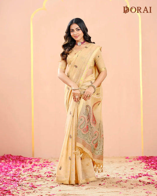 Golden Sand – Chikoo Muga Cotton Saree with Traditional Artistry