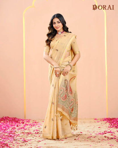 Azure Heritage – Sky Blue Muga Cotton Saree with Mango Motifs
