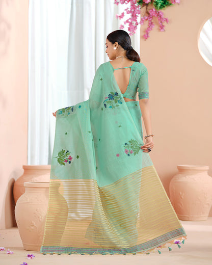 Mint Green Muga Cotton Jamdani Saree – Woven Floral Pattern and Oragana Pallu