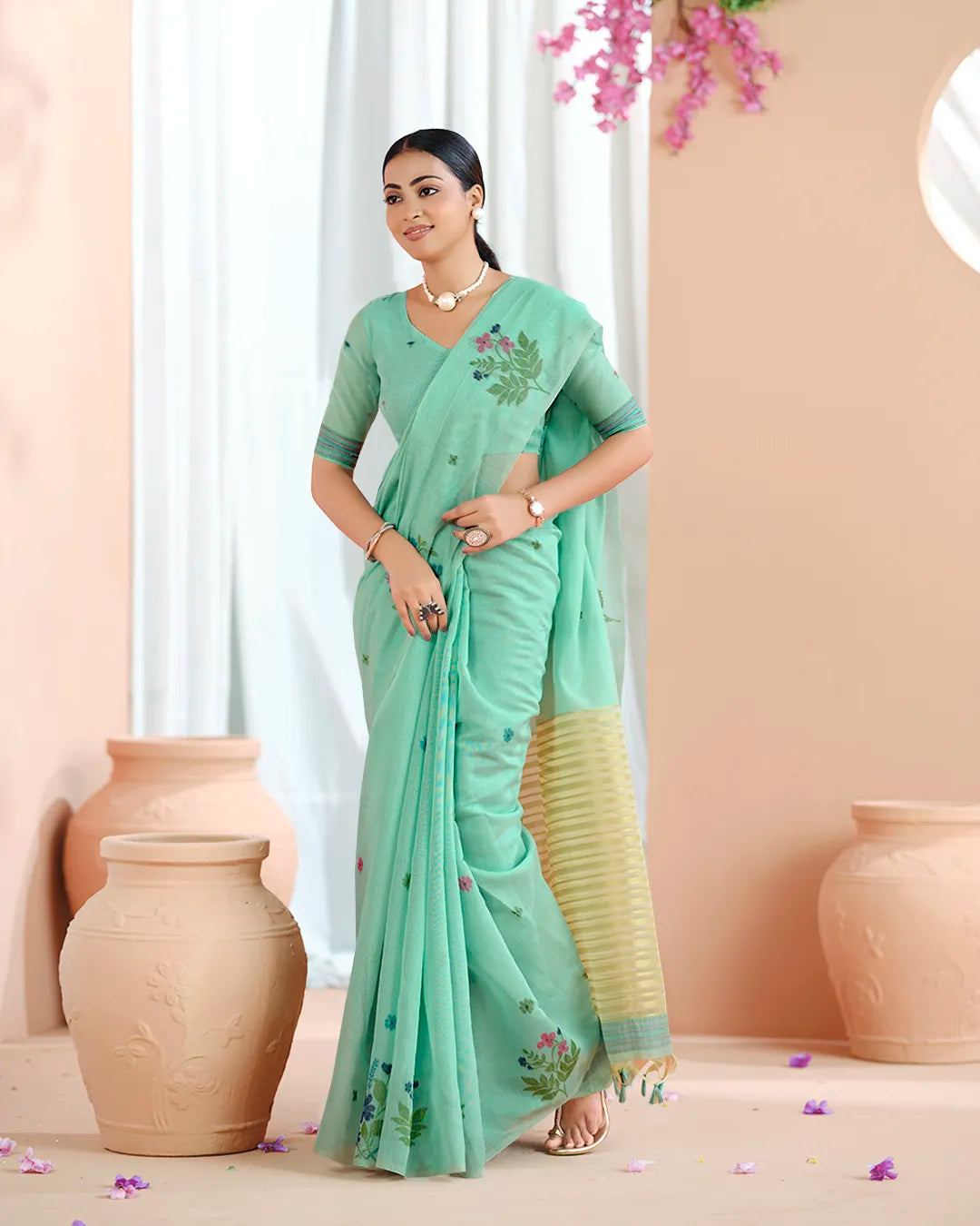Azure Breeze – Sky Blue Muga Cotton Saree with Floral Charm