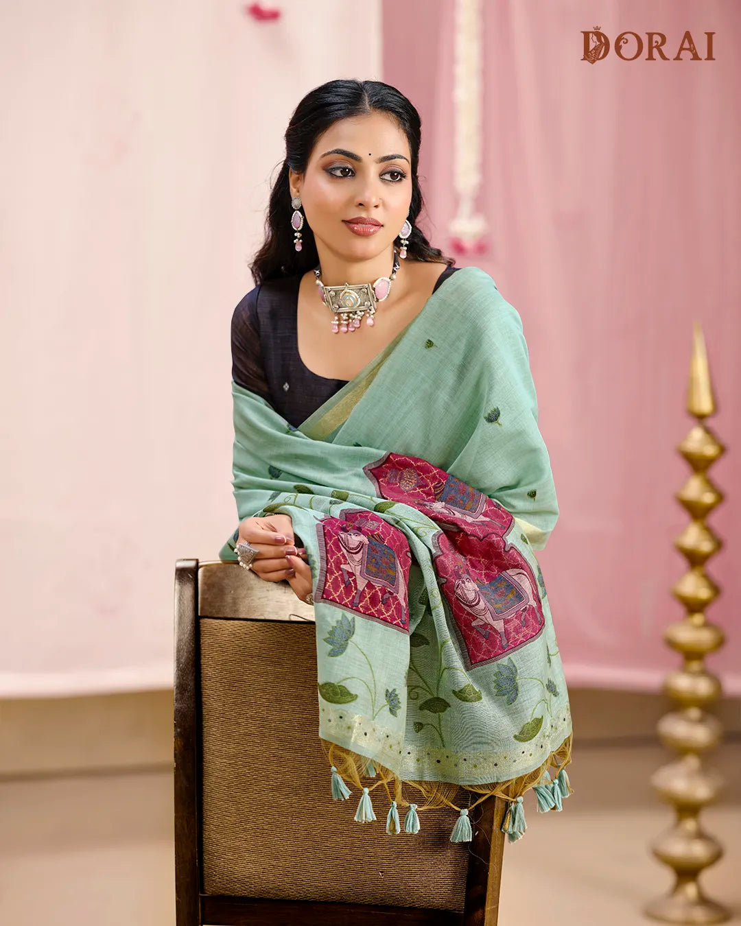 Sky Blue Muga Cotton Rangkat Saree with Traditional Heritage Motifs