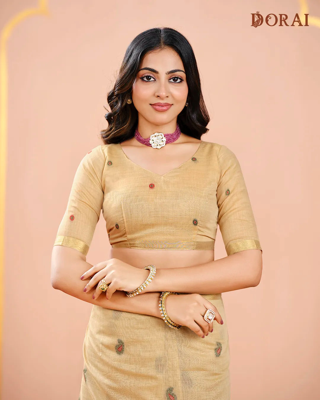 Golden Sand – Chikoo Muga Cotton Saree with Traditional Artistry