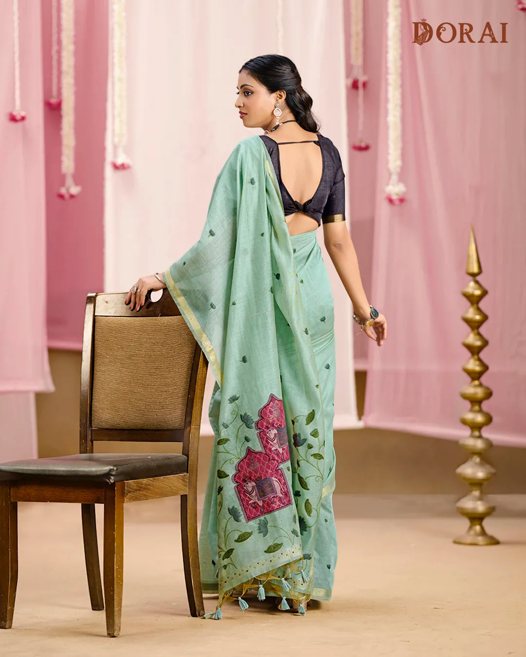 Sky Blue Muga Cotton Rangkat Saree with Traditional Heritage Motifs