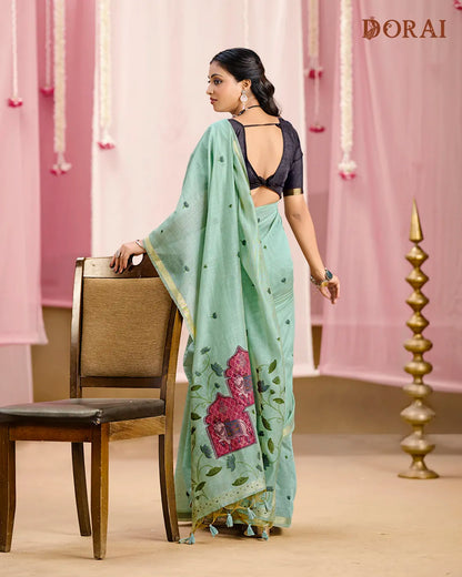 Sky Blue Muga Cotton Rangkat Saree with Traditional Heritage Motifs
