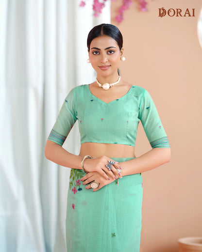 Mint Green Muga Cotton Jamdani Saree – Woven Floral Pattern and Oragana Pallu