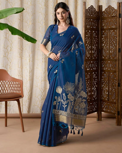 Sapphire Glow – Royal Blue Muga Cotton Jamdani Saree with Floral Pallu