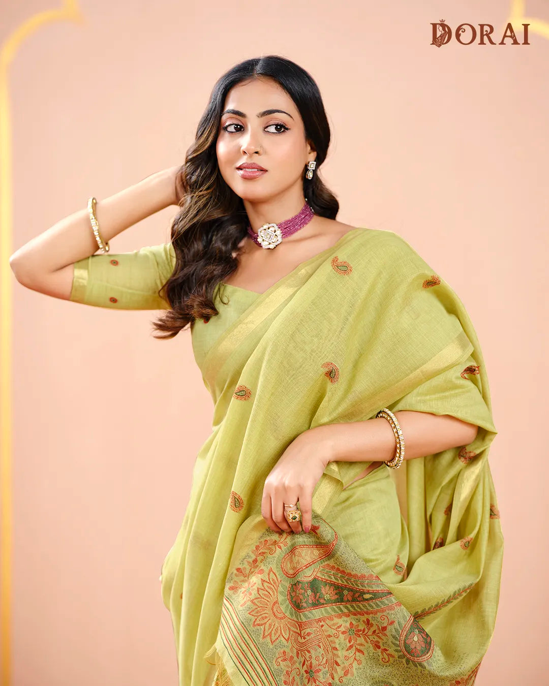 Lime Refresh – Pista Green Muga Cotton Saree with Heritage Weave
