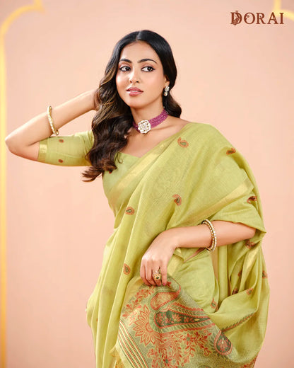 Lime Refresh – Pista Green Muga Cotton Saree with Heritage Weave