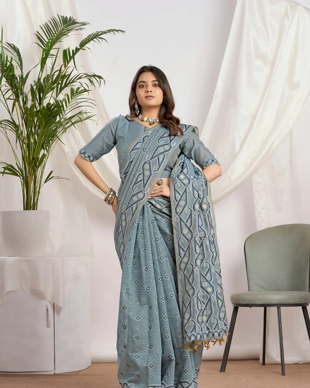 Steel Azure – Light Blue Muga Cotton Saree with Tribal Geometry