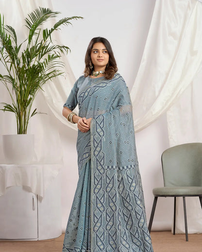 Steel Azure – Light Blue Muga Cotton Saree with Tribal Geometry