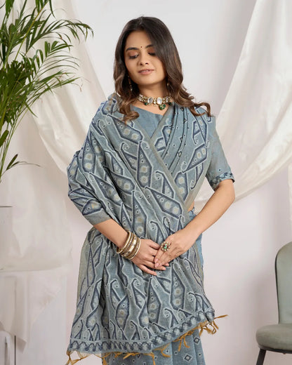 Steel Azure – Light Blue Muga Cotton Saree with Tribal Geometry