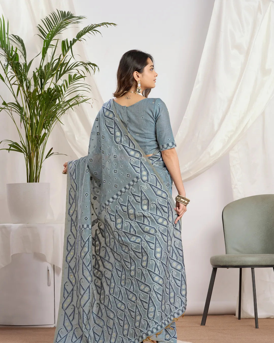 Steel Azure – Light Blue Muga Cotton Saree with Tribal Geometry