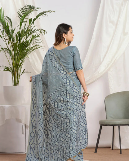 Steel Azure – Light Blue Muga Cotton Saree with Tribal Geometry